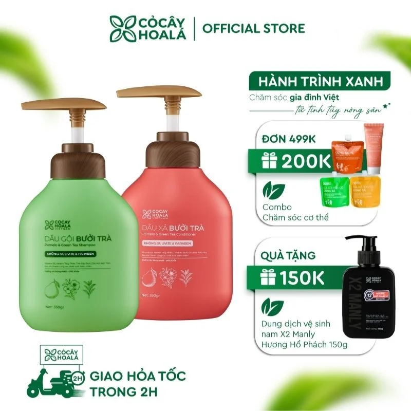 Combo Dầu Gội Xả Bưởi Trà Cỏ Cây Hoa Lá 350g – Phục Hồi & Chăm Sóc Tóc Hư Tổn